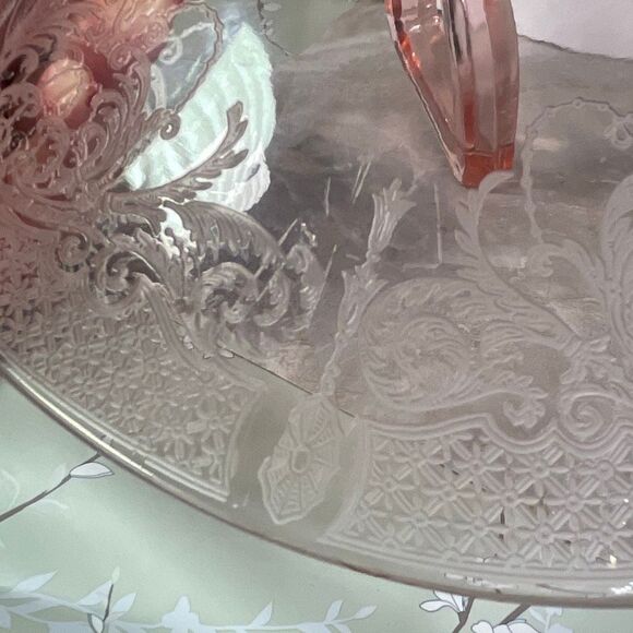 Pink Depression glass etched floral scroll pattern oval platter handle. - Picture 9 of 13